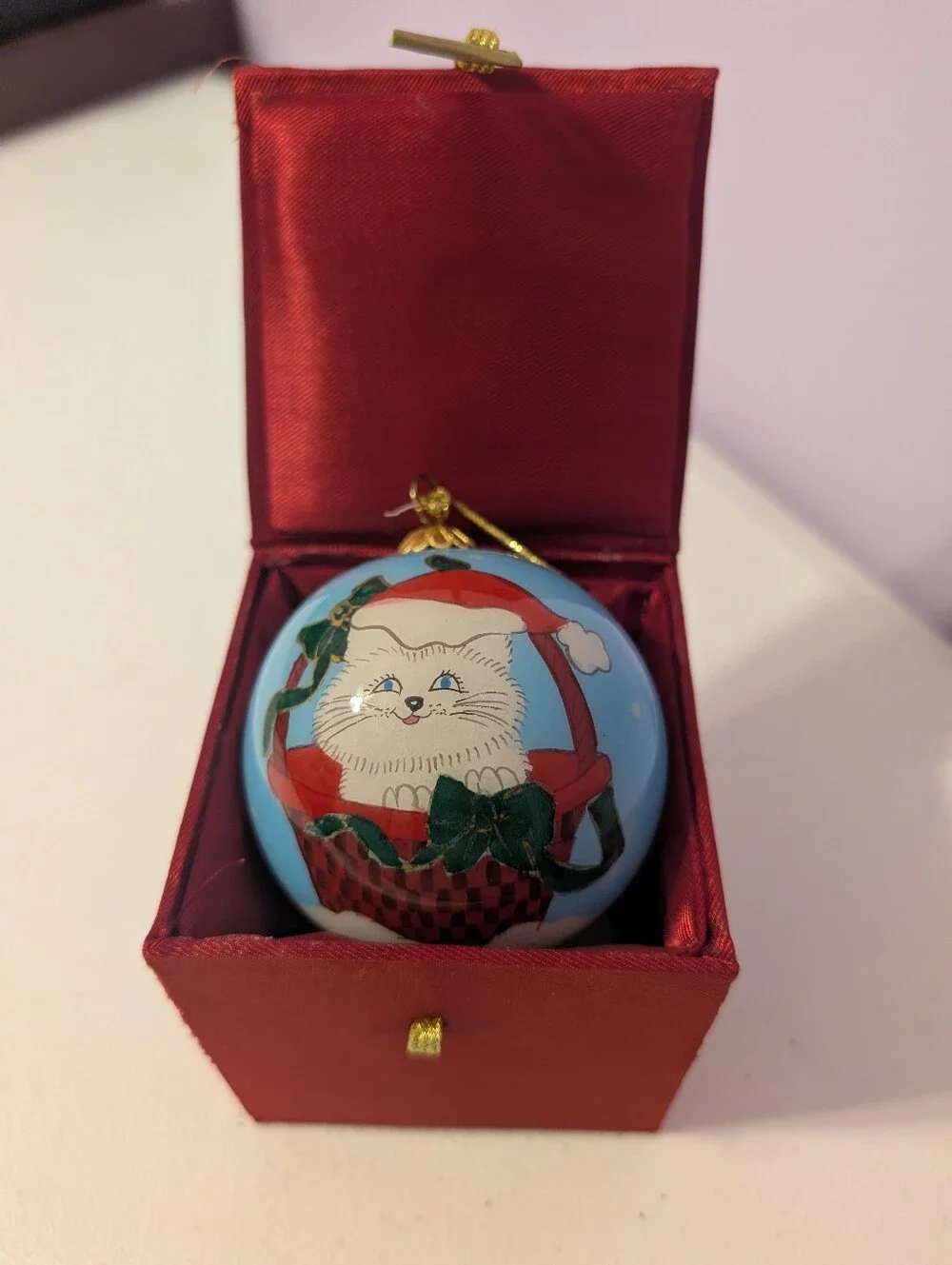 Artline Inside Art Christmas Cat Basket Reverse Painted Glass Ornament Vintage